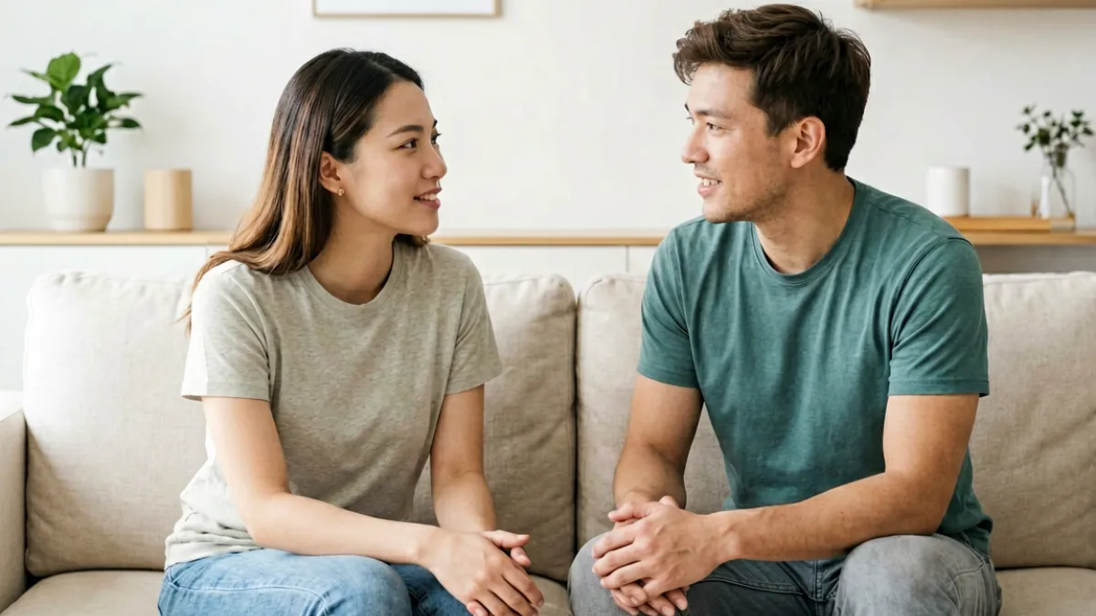 两人坐在沙发上认真交谈，面部表情专注而平和，展示情侣在日常沟通中消除误解的场景