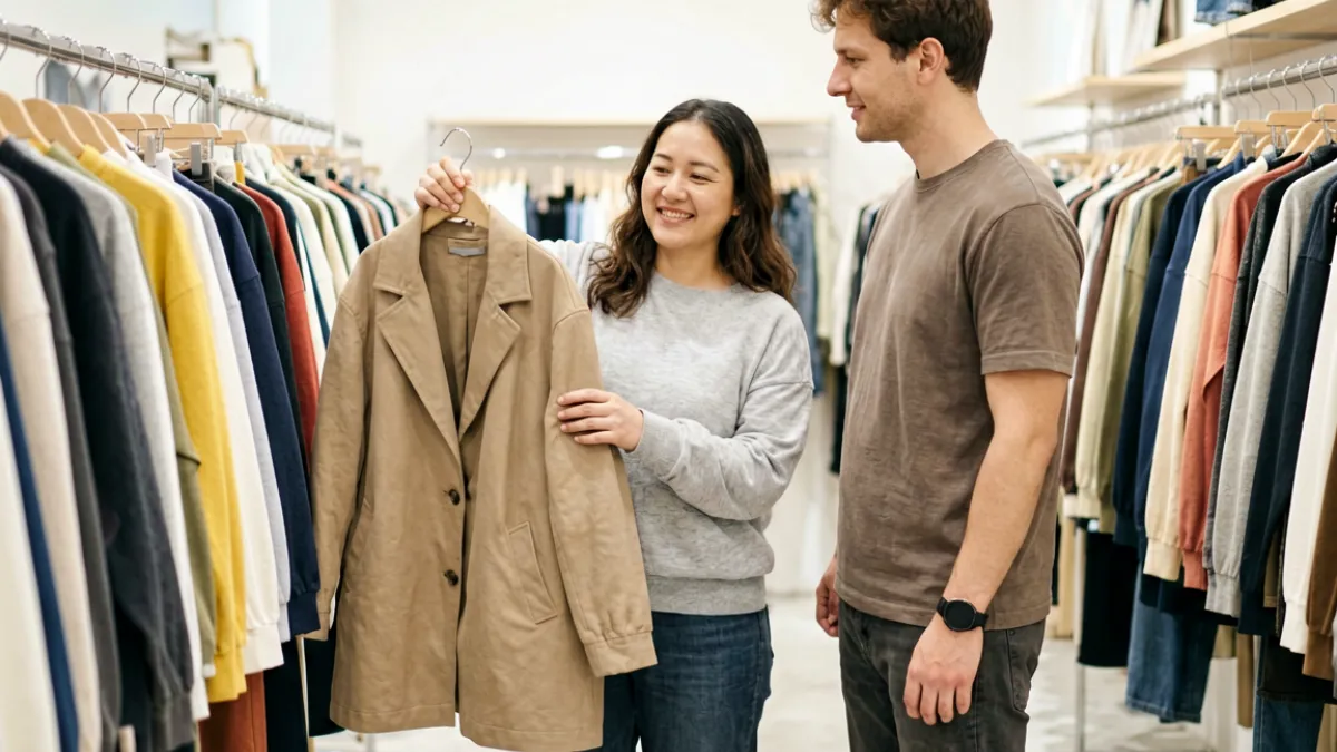 大胸女友 - 情侣在服装店内一起挑选衣服，女生手持一件宽松外套比对，男生在旁认真给出意见