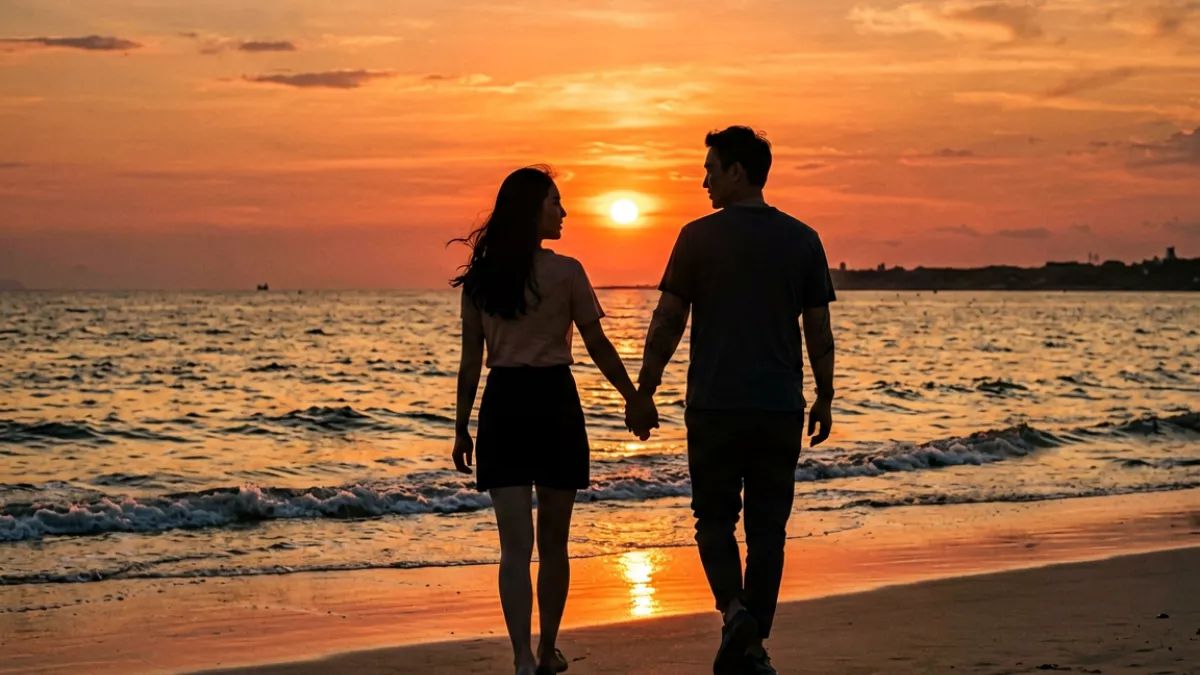 大胸女友与男友在海边沙滩漫步，夕阳背景下的剪影画面