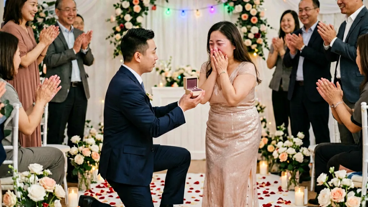 大胸女友接受男友求婚的感动瞬间，旁边围观者纷纷鼓掌